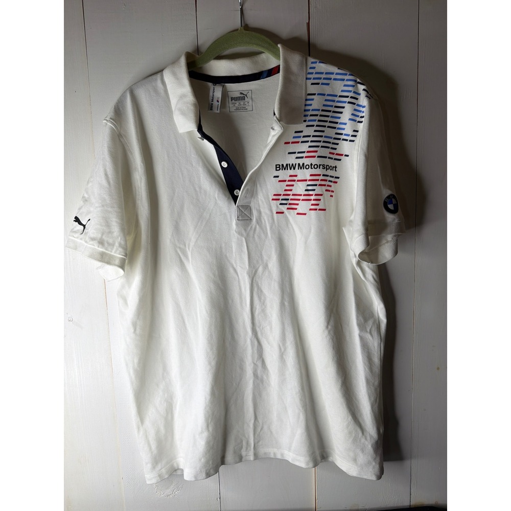 PUMA BMW Motorsport Mens Large White Graphic Cotton Pique Polo 761994